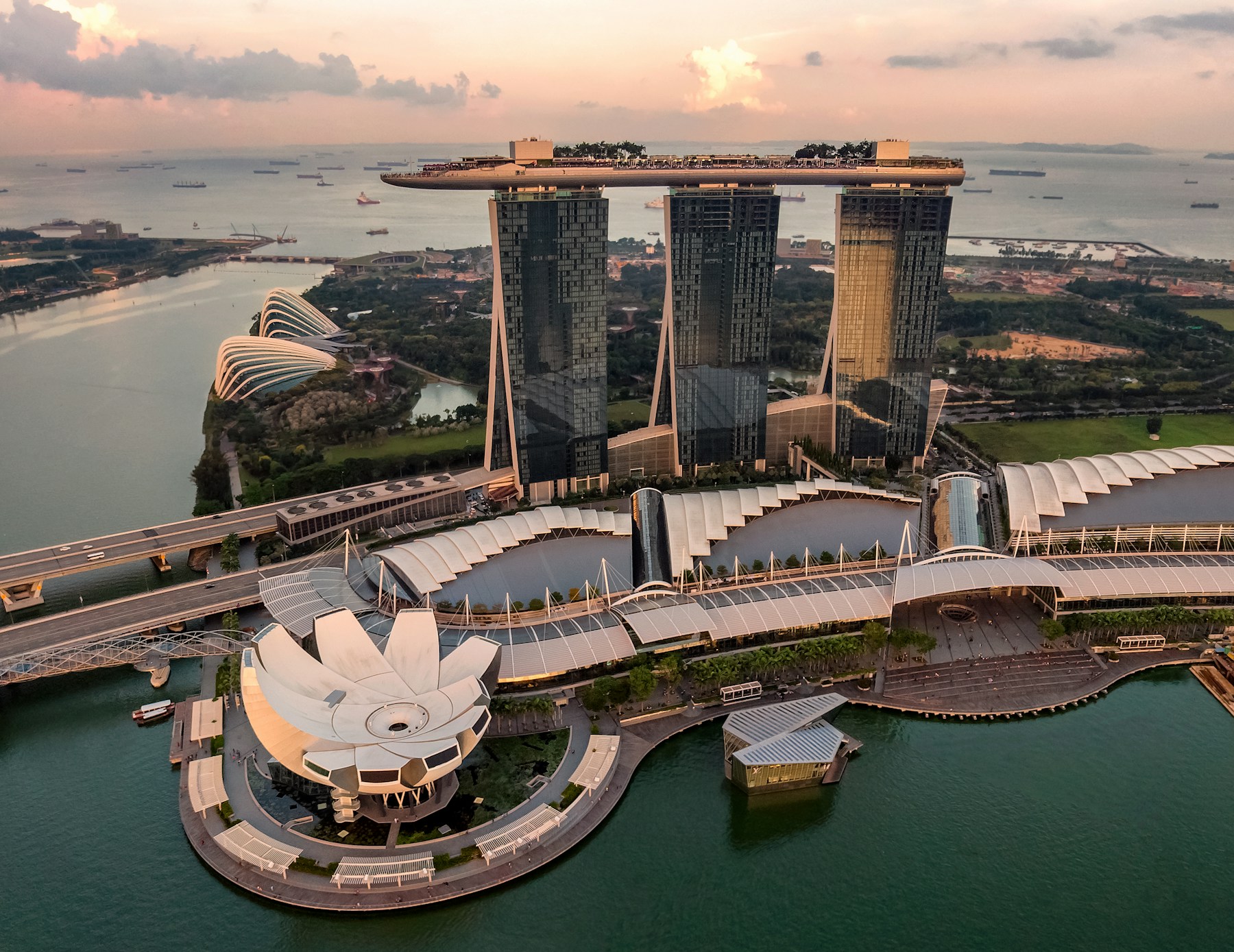 Singapore at dusk from the bay — the city-state market around our Robinson Road studio.