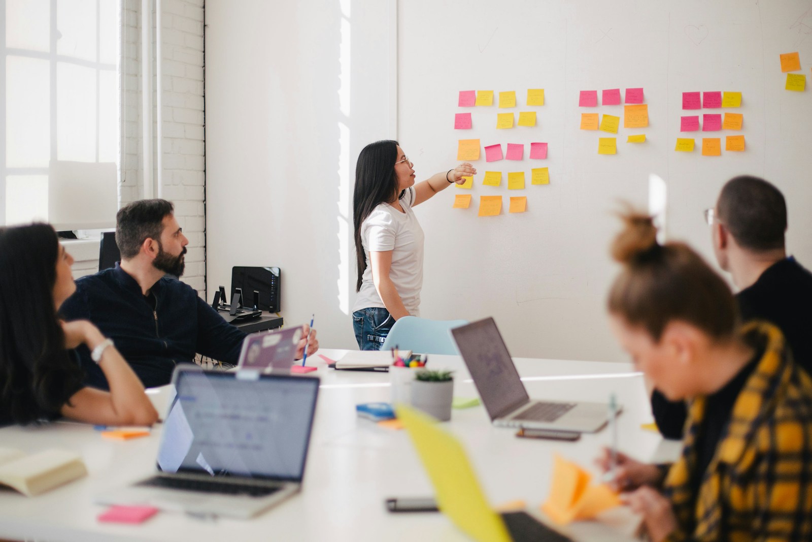 Team at a planning wall with notes — a launch sequence taking shape.